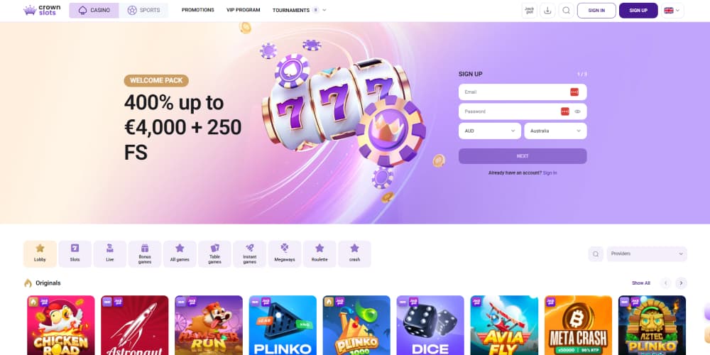 Crownslot casino homepage