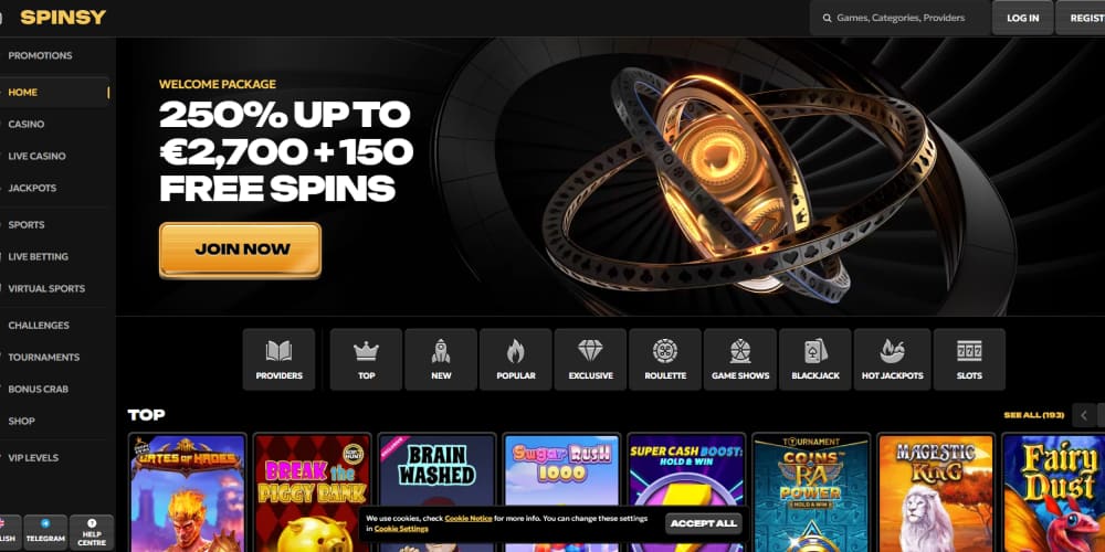 Spinsy casino homepage